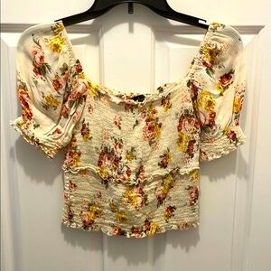 White and Red Smocked Crop Blouse with Puff Sleeves